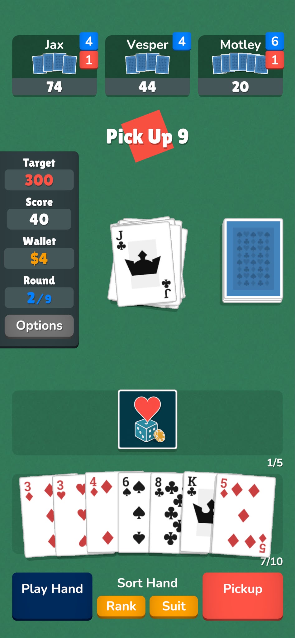 Rogue Suits prompting the player to pick up nine cards