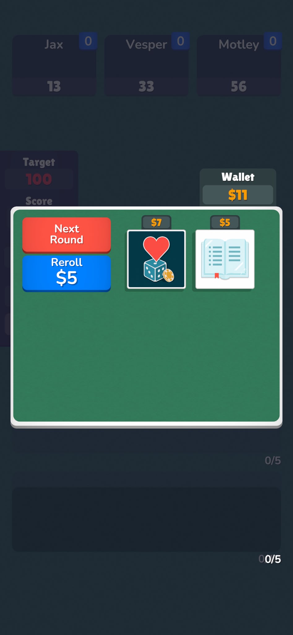 Rogue Suits between-round shop with reroll and cheat choices