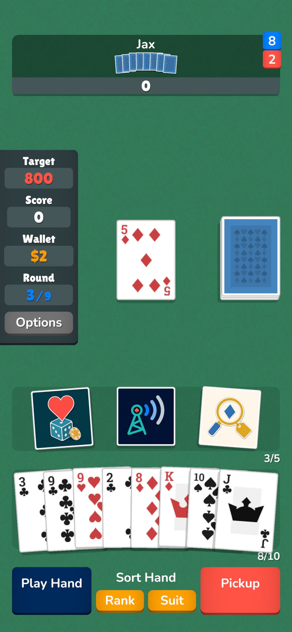 Rogue Suits table with a hand of cards, opponents, score, and cheats